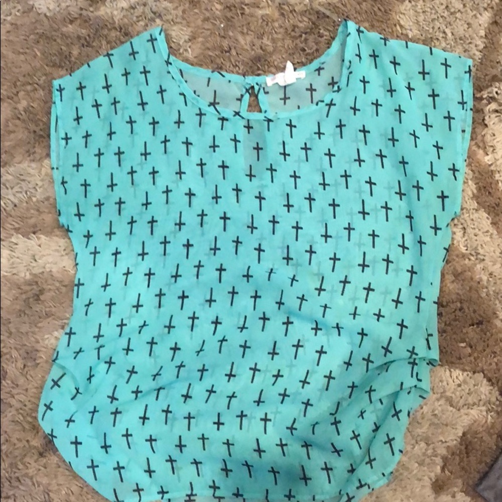 Teal sheer shirt with crosses